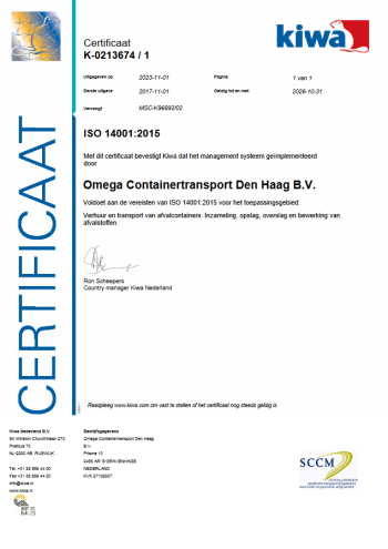 Omega Containers is in het bezit van een ISO 14001-2004 certificaat Omega Containers is in het bezit van een ISO 14001-2004 certificaat