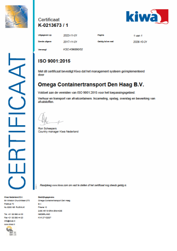Omega Containers is in het bezit van een ISO 9001-2008 certificaat Omega Containers is in het bezit van een ISO 9001-2008 certificaat