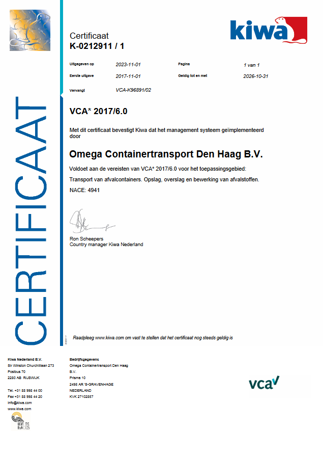 Omega Containers is in het bezit van een VCA 2008/5.1 certificaat